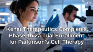 Researchers in a lab examining a cell therapy vial for Parkinson's disease treatment