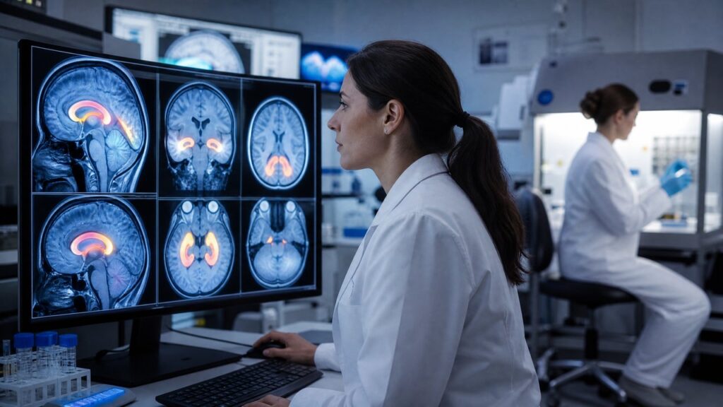 Researcher reviewing brain MRI scans in a neuroscience lab studying laromestrocel stem cell therapy for Alzheimer's disease neuroinflammation