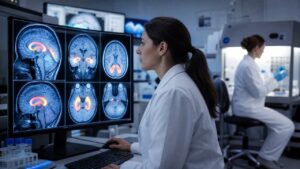 Researcher reviewing brain MRI scans in a neuroscience lab studying laromestrocel stem cell therapy for Alzheimer's disease neuroinflammation