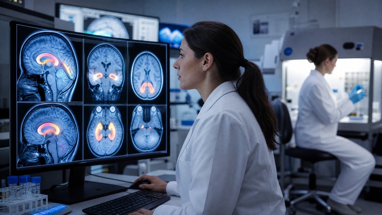 Researcher reviewing brain MRI scans in a neuroscience lab studying laromestrocel stem cell therapy for Alzheimer's disease neuroinflammation