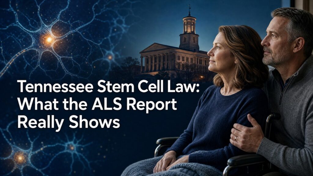 Tennessee stem cell law and ALS news report cover showing a patient with a medical researcher