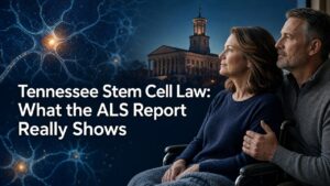 Tennessee stem cell law and ALS news report cover showing a patient with a medical researcher