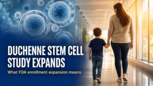 Parent and child walking through research center representing Duchenne muscular dystrophy stem cell research