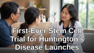 Doctor showing brain scan to patient family - Huntingtons disease stem cell trial