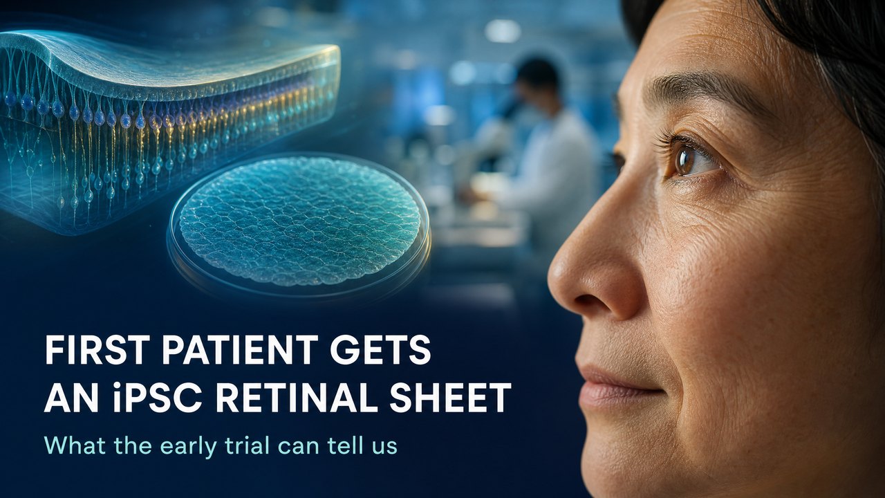 Patient eye and iPSC-derived retinal sheet illustration representing a retinitis pigmentosa clinical trial
