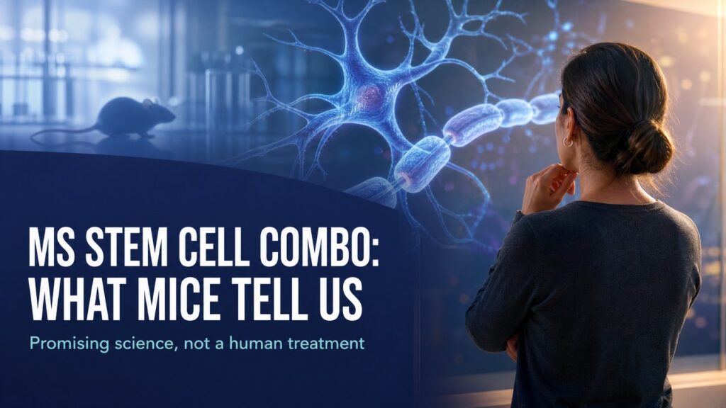 Woman viewing neural pathway imagery representing preclinical multiple sclerosis stem cell research