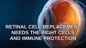Detailed eye illustration showing retinal cells and a protected retinal graft for cell replacement research