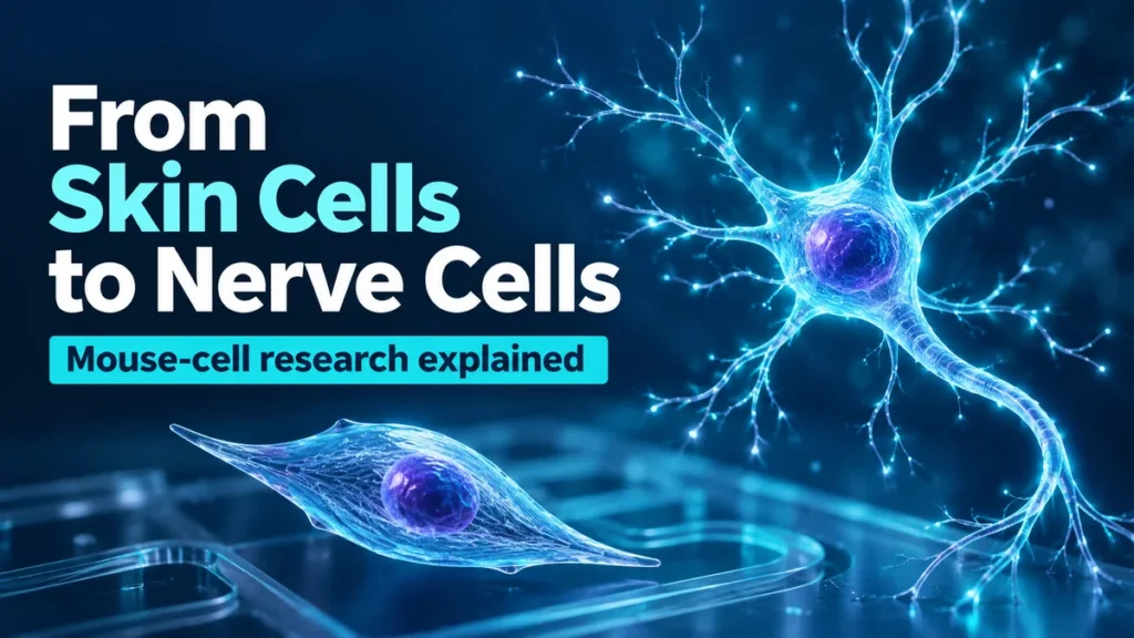 Conceptual illustration of a skin cell beside a branching nerve cell, with text “From Skin Cells to Nerve Cells” and “Mouse-cell research explained.”
