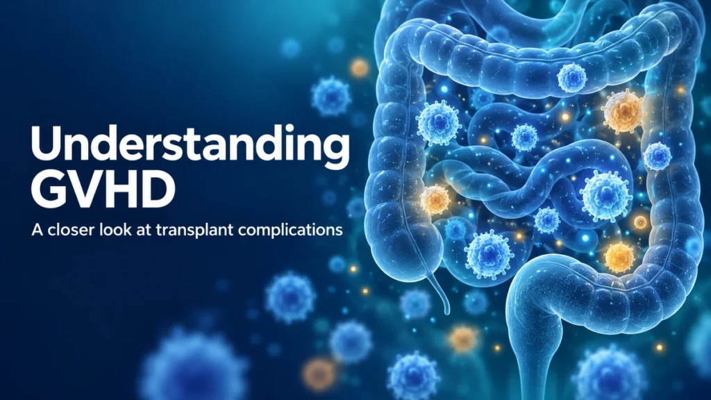 Editorial illustration of immune cells near a simplified intestine, representing research into graft-versus-host disease.