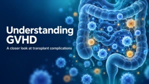 Editorial illustration of immune cells near a simplified intestine, representing research into graft-versus-host disease.