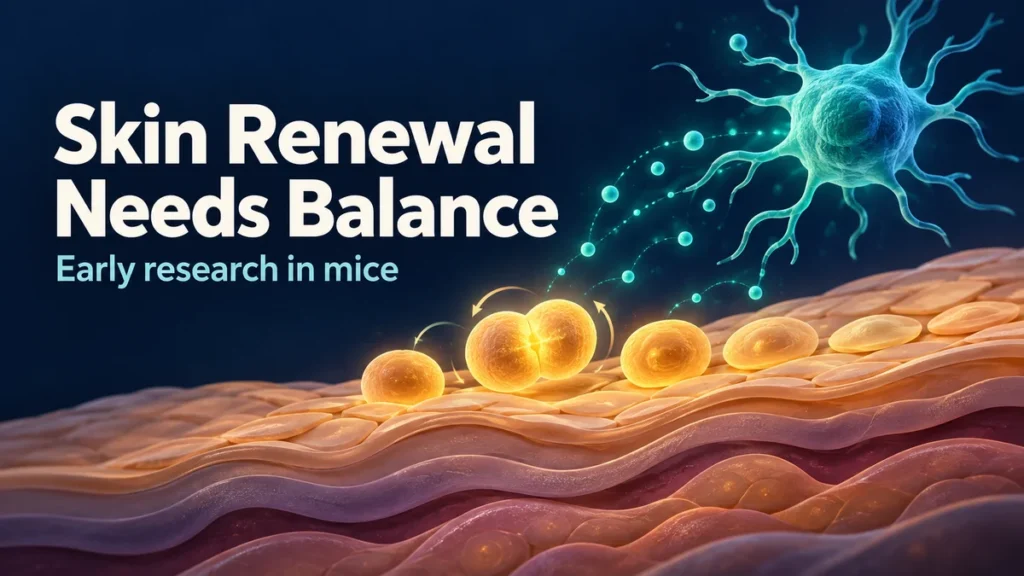 Conceptual illustration of teal immune-cell signals and amber skin cells, with the text “Skin Renewal Needs Balance” and “Early research in mice.”